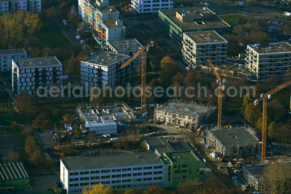Berlin from above - Construction site for the multi-family residential building Suedliche Ringkolonnaden on street Max-Herrmann-Strasse in the district Marzahn in Berlin, Germany