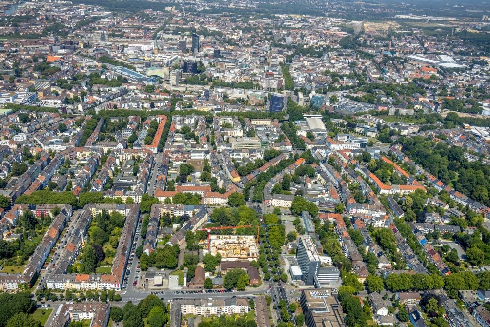 Dortmund from the bird's eye view: Construction site for the multi-family residential building Suedtribuene on Markgrafenstrasse in Dortmund in the state North Rhine-Westphalia, Germany