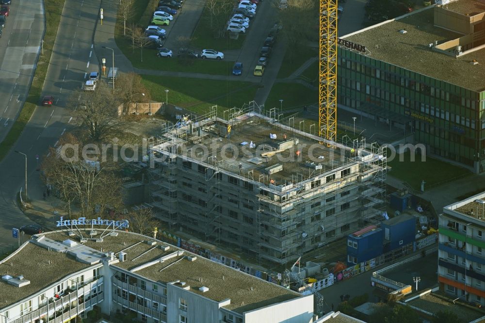 Berlin from the bird's eye view: Construction site for the multi-family residential building Mehrower Allee corner Sella-Hasse-Strasse in the district Marzahn in Berlin, Germany