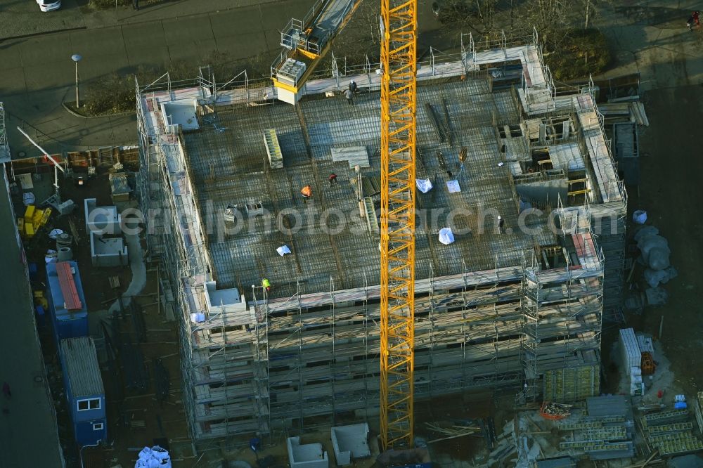 Aerial photograph Berlin - Construction site for the multi-family residential building Mehrower Allee corner Sella-Hasse-Strasse in the district Marzahn in Berlin, Germany