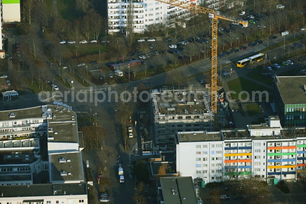 Aerial image Berlin - Construction site for the multi-family residential building Mehrower Allee corner Sella-Hasse-Strasse in the district Marzahn in Berlin, Germany