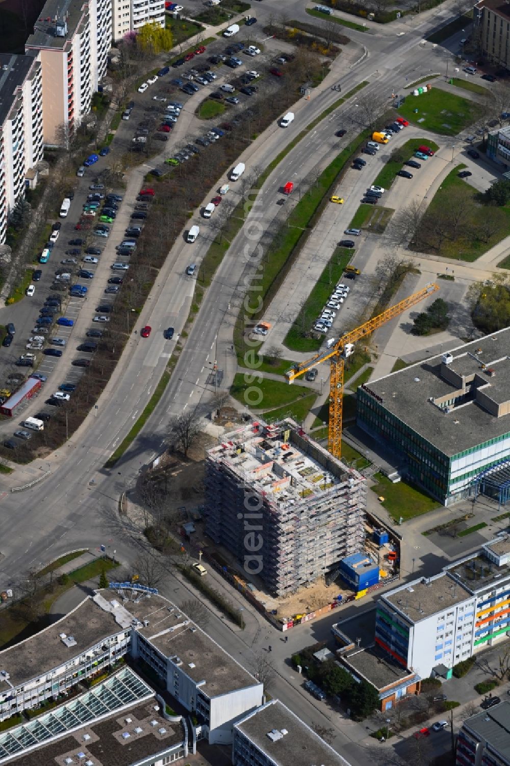 Berlin from the bird's eye view: Construction site for the multi-family residential building Mehrower Allee corner Sella-Hasse-Strasse in the district Marzahn in Berlin, Germany