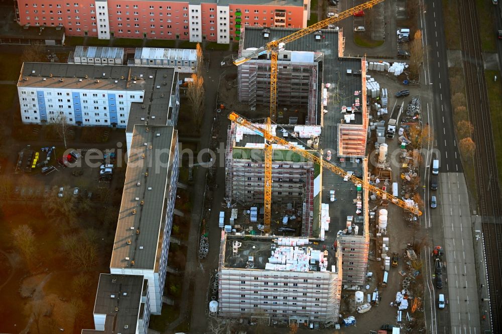 Aerial image Berlin - Construction site for the multi-family residential building Stendaler Strasse corner Tangermuender Strasse in the district Hellersdorf in Berlin, Germany