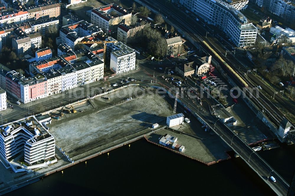 Berlin from above - Construction site for the multi-family residential building on Stralauer Allee in the district Friedrichshain in Berlin, Germany