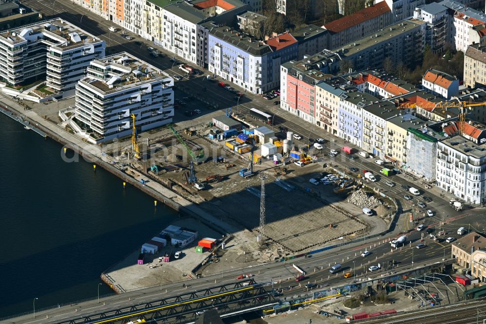 Aerial photograph Berlin - Construction site for the multi-family residential building on Stralauer Allee in the district Friedrichshain in Berlin, Germany