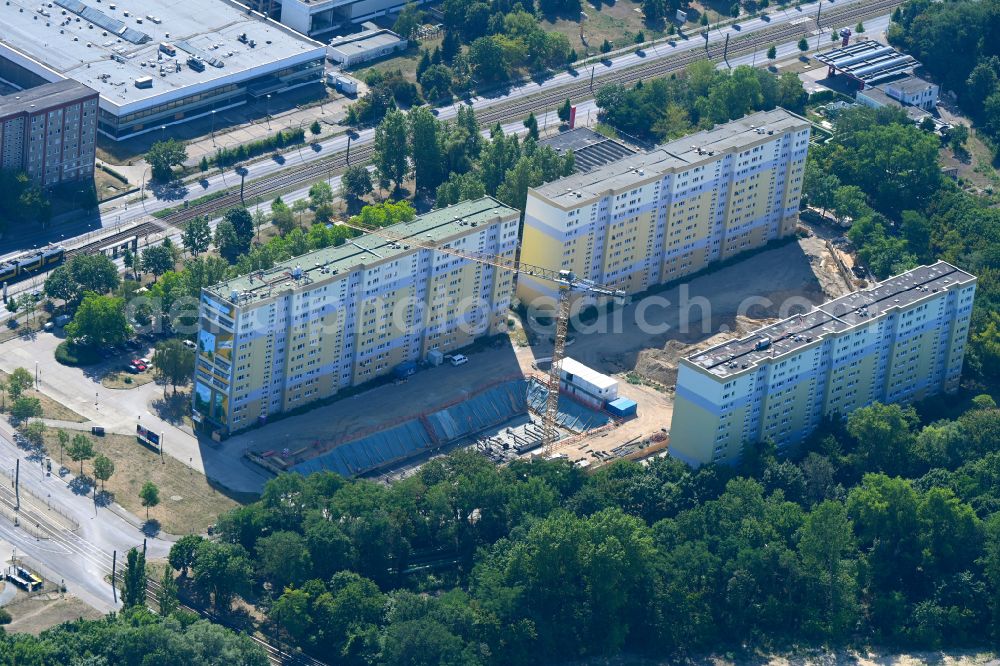 Berlin from above - Construction site for the multi-family residential building with Studentenapartments of Belinovo Grundstuecksentwicklung GmbH on street Rhinstrasse in the district Friedrichsfelde in Berlin, Germany