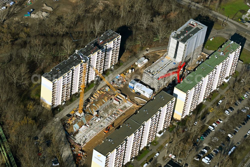 Berlin from above - Construction site for the multi-family residential building with Studentenapartments of Belinovo Grundstuecksentwicklung GmbH on street Rhinstrasse in the district Friedrichsfelde in Berlin, Germany