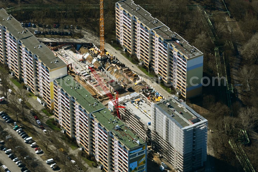 Aerial photograph Berlin - Construction site for the multi-family residential building with Studentenapartments of Belinovo Grundstuecksentwicklung GmbH on street Rhinstrasse in the district Friedrichsfelde in Berlin, Germany