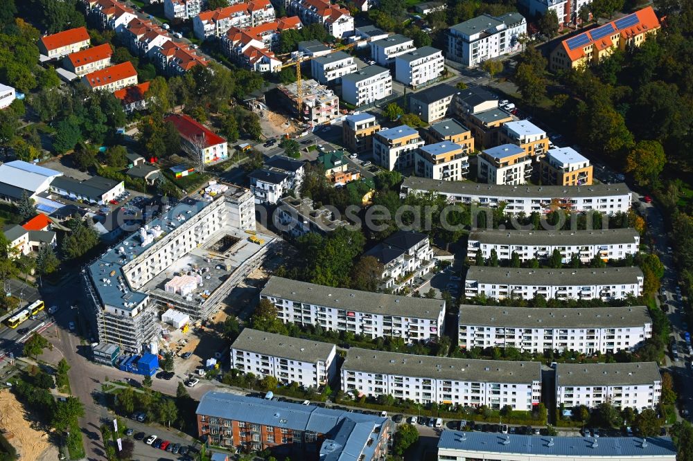Teltow from above - Construction site for the multi-family residential building in of Weserstrasse in Teltow in the state Brandenburg, Germany