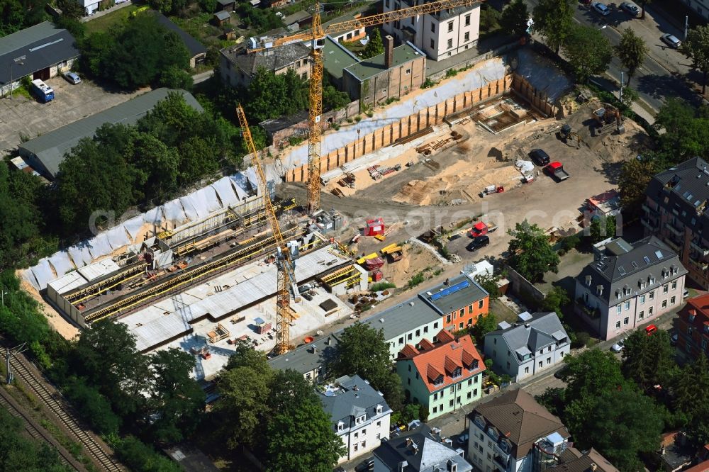 Dresden from the bird's eye view: Construction site for the multi-family residential building Urban Village Dresden in of Koenigsbruecker Strasse in the district Aeussere Neustadt in Dresden in the state Saxony, Germany