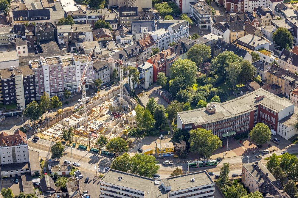 Bochum from the bird's eye view: Construction site for the multi-family residential building Voedestrasse corner Friedrich-Ebert-Strasse in the district Wattenscheid in Bochum at Ruhrgebiet in the state North Rhine-Westphalia, Germany