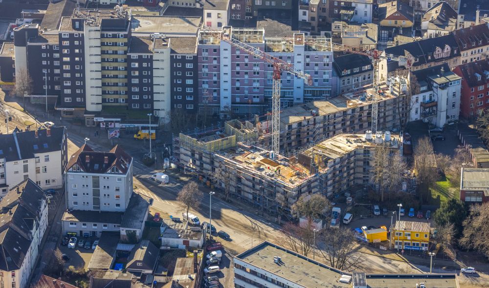Bochum from above - Construction site for the multi-family residential building Voedestrasse corner Friedrich-Ebert-Strasse in the district Wattenscheid in Bochum at Ruhrgebiet in the state North Rhine-Westphalia, Germany
