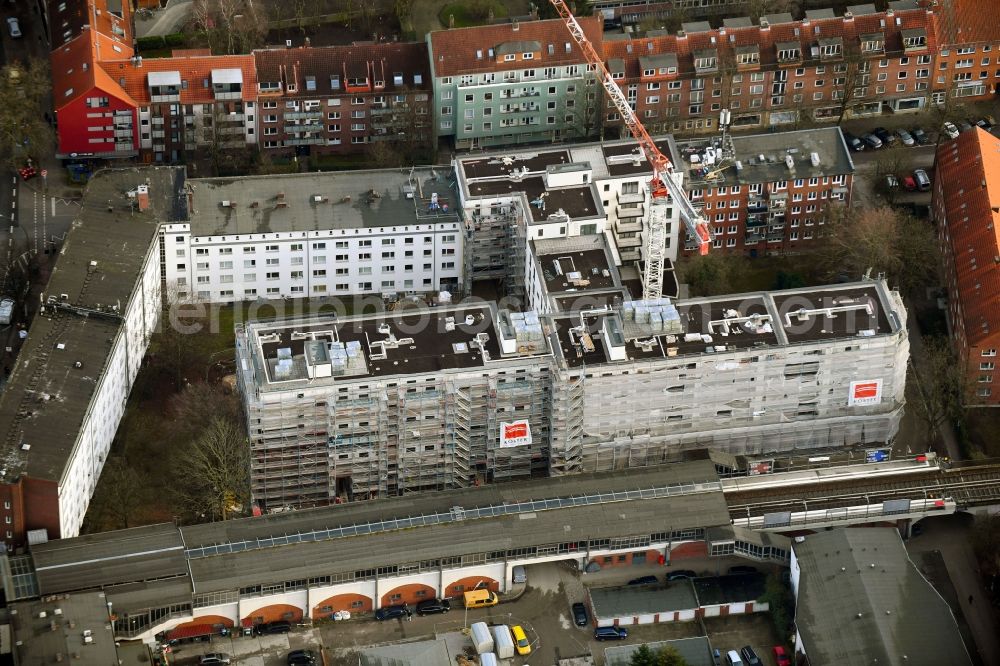 Hamburg from above - Construction site for the multi-family residential building on Vogelweide in the district Barmbek-Sued in Hamburg, Germany