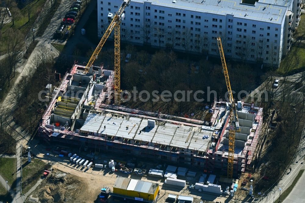 Berlin from above - Construction site for the multi-family residential building on Welsestrasse - Biesenbrower Strasse in the district Hohenschoenhausen in Berlin, Germany