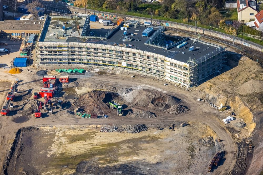 Dortmund from the bird's eye view: Construction site for the multi-family residential building Wohnen on Hombrucher Bogen in the district Zechenplatz in Dortmund in the state North Rhine-Westphalia, Germany