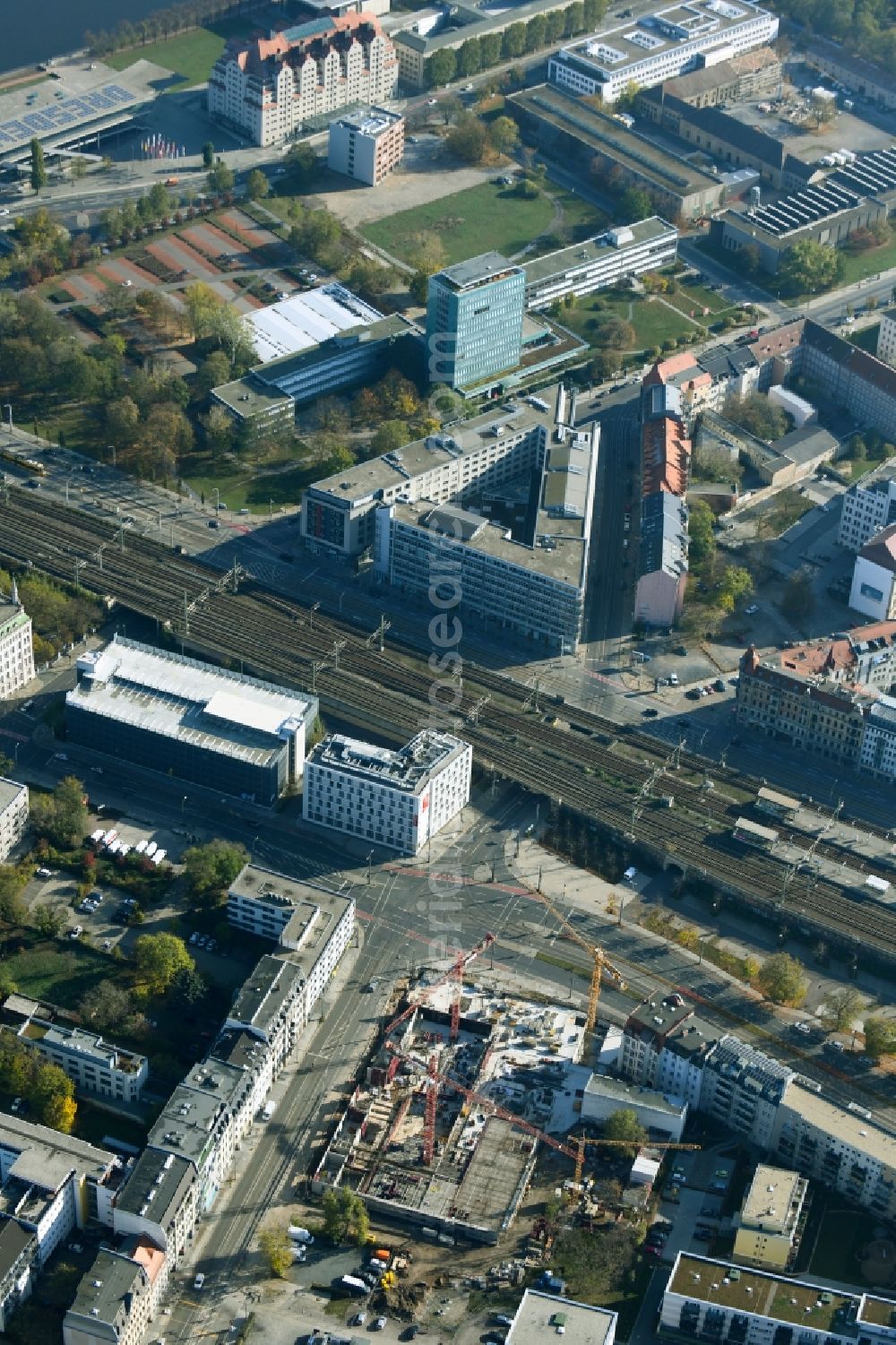 Aerial image Dresden - Construction site for the multi-family residential building between Friedrichstrasse and Weisseritzstrasse in the district Friedrichstadt in Dresden in the state Saxony, Germany