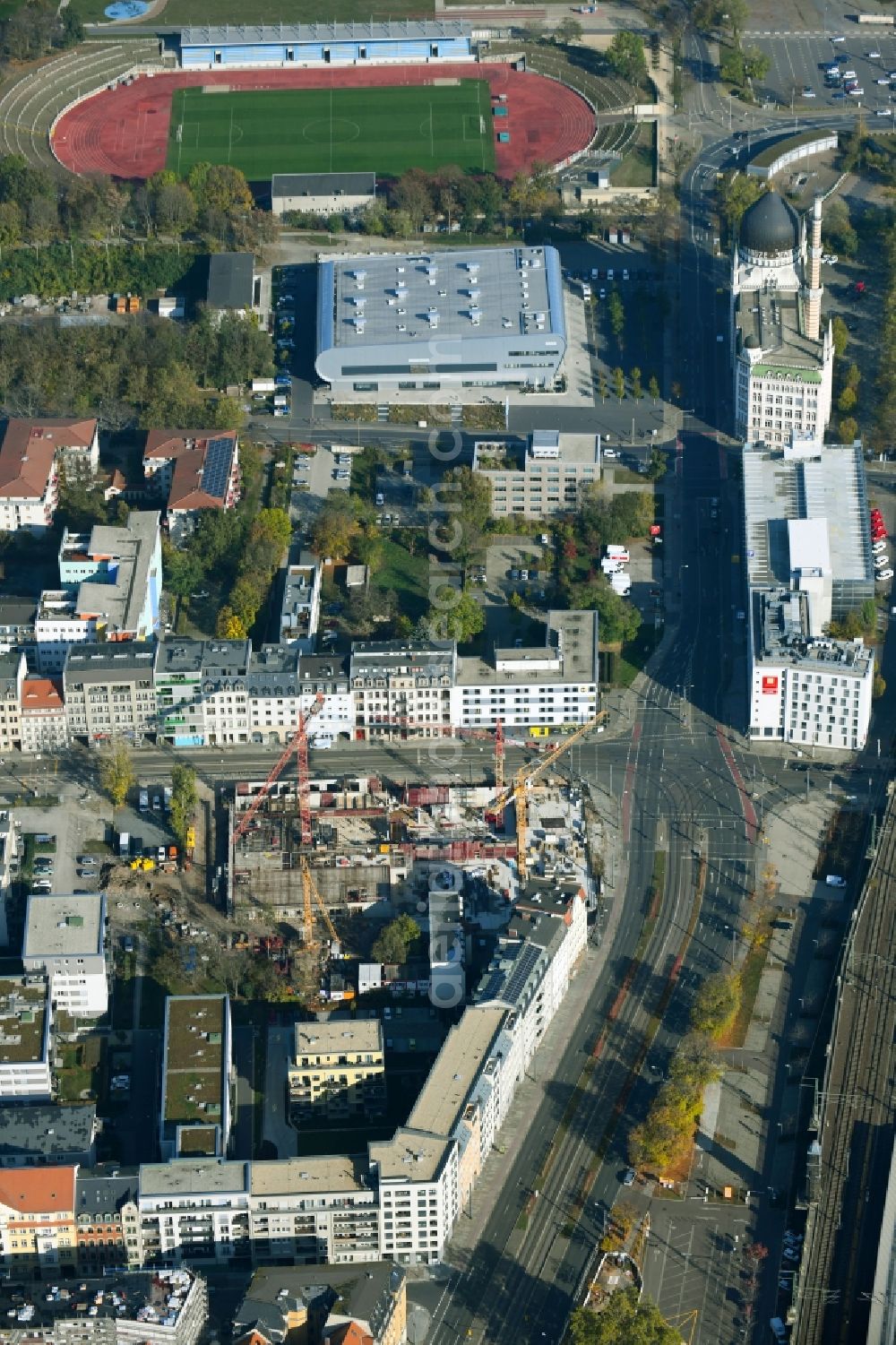 Dresden from above - Construction site for the multi-family residential building between Friedrichstrasse and Weisseritzstrasse in the district Friedrichstadt in Dresden in the state Saxony, Germany