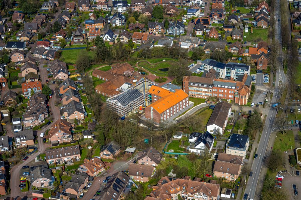 Aerial image Schermbeck - Construction site for the new construction of a dorm residential care home - building for the physically handicapped Caritas-Alten- and Pflege- einrichtung Marienheim on street Erler Strasse in Schermbeck in the state North Rhine-Westphalia, Germany