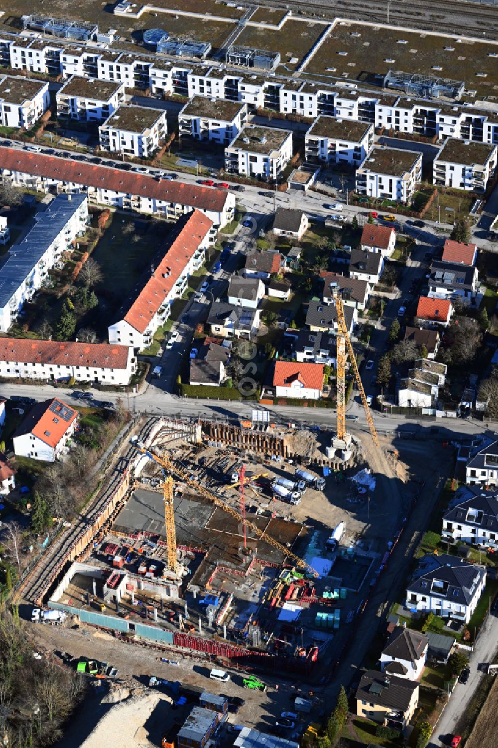Aerial photograph München - Construction site for the new construction of a dorm residential care home - building for the physically handicapped on street Franz-Nissl-Strasse in Munich in the state Bavaria, Germany