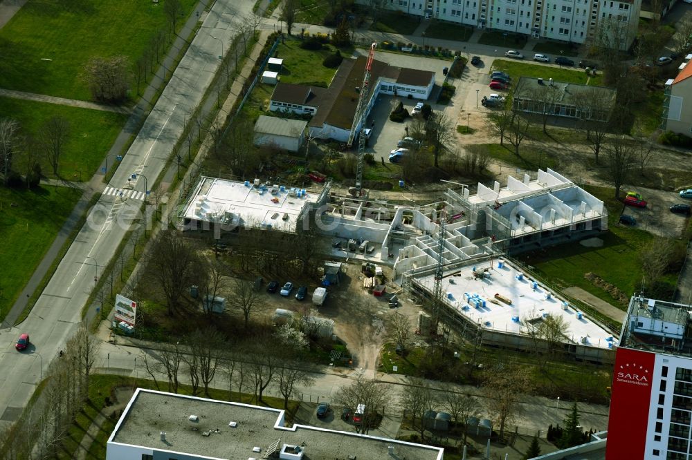 Bitterfeld-Wolfen from above - Construction site for the new construction of a dorm residential care home - building for the physically handicapped of SARA Betreuungsgesellschaft mbH on Strasse of Republik in the district Wolfen in Bitterfeld-Wolfen in the state Saxony-Anhalt, Germany