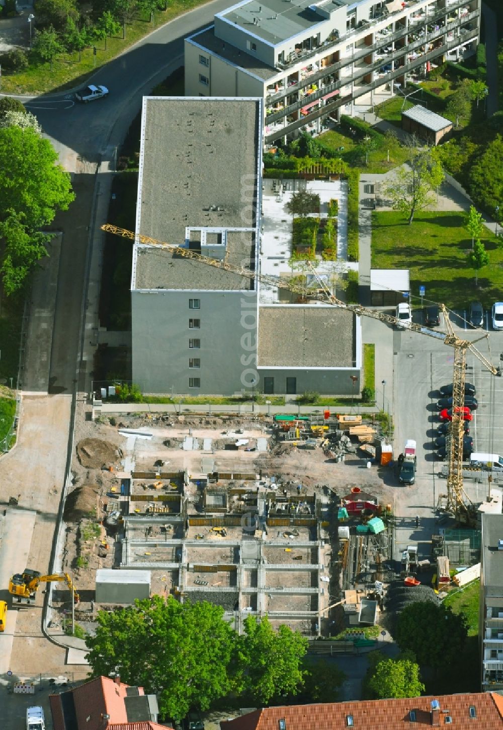 Sondershausen from above - Construction site for the new construction of a dorm residential care home - building for the physically handicapped on Weizenstrasse in Sondershausen in the state Thuringia, Germany