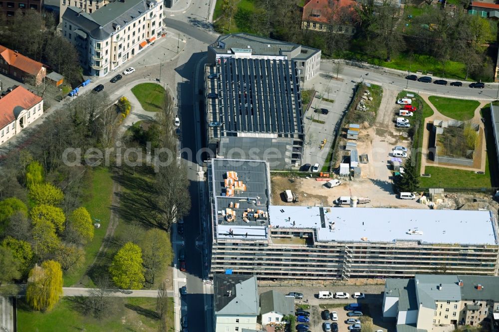 Eberswalde from above - Construction site for the new construction of a dorm residential care home - building for the physically handicapped Pfeilstrasse corner Gerichtstrasse in Eberswalde in the state Brandenburg, Germany