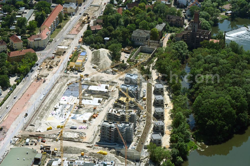 Halle (Saale) from above - Construction site for the new construction of residential houses of the project Family houses on Boellberger Weg in Halle (Saale) in the state Saxony-Anhalt, Germany
