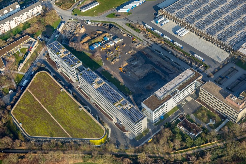 Aerial image Mülheim an der Ruhr - Construction site for the extension building of the administrative offices of Aldi-Sued on Burgstrasse in the Styrum part of Muelheim on the Ruhr in the state of North Rhine-Westphalia