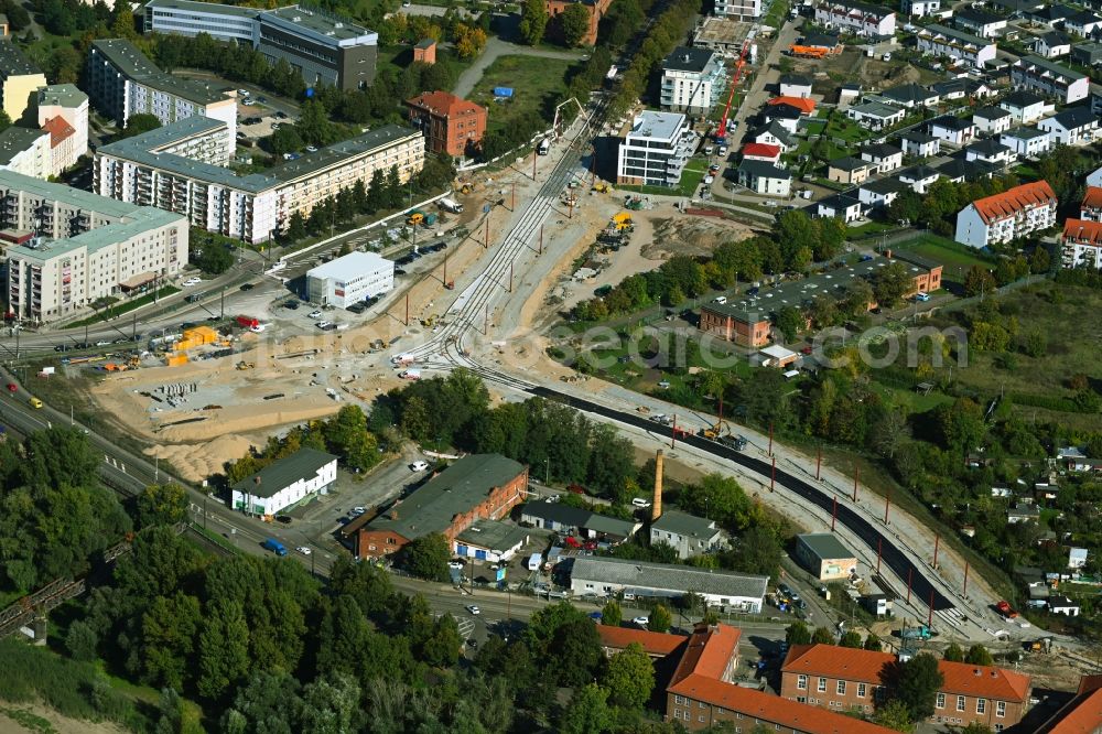 Magdeburg from above - Construction site for the new building and extension of the road on neuen Strombrueckenzug Am Charlottentor - Turmschanzenstrasse - Brueckstrasse in Magdeburg in the state Saxony-Anhalt, Germany