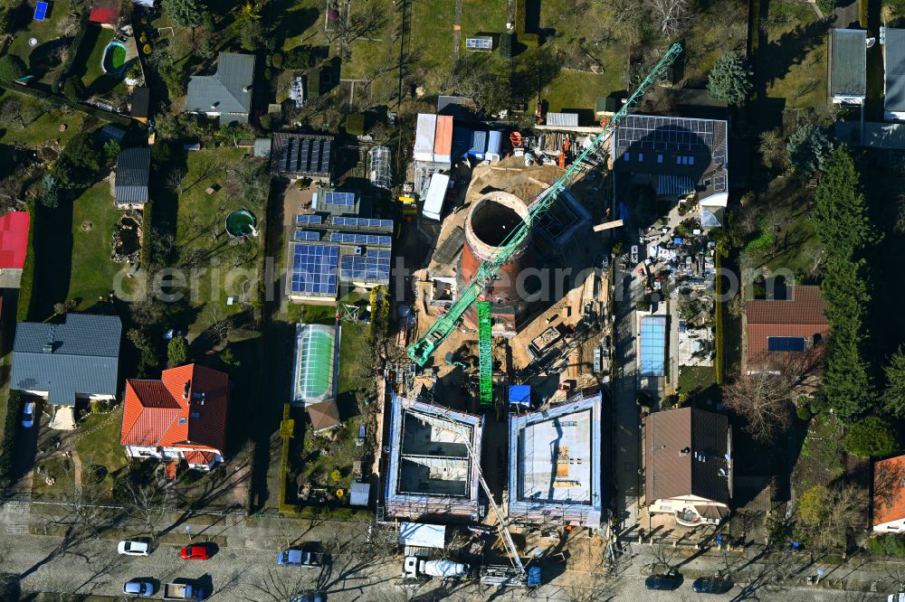 Aerial image Berlin - Construction site for the construction of two new residential buildings and conversion of the water tower into a residential building on Schirnerstrasse in the district of Altglienicke in Berlin, Germany