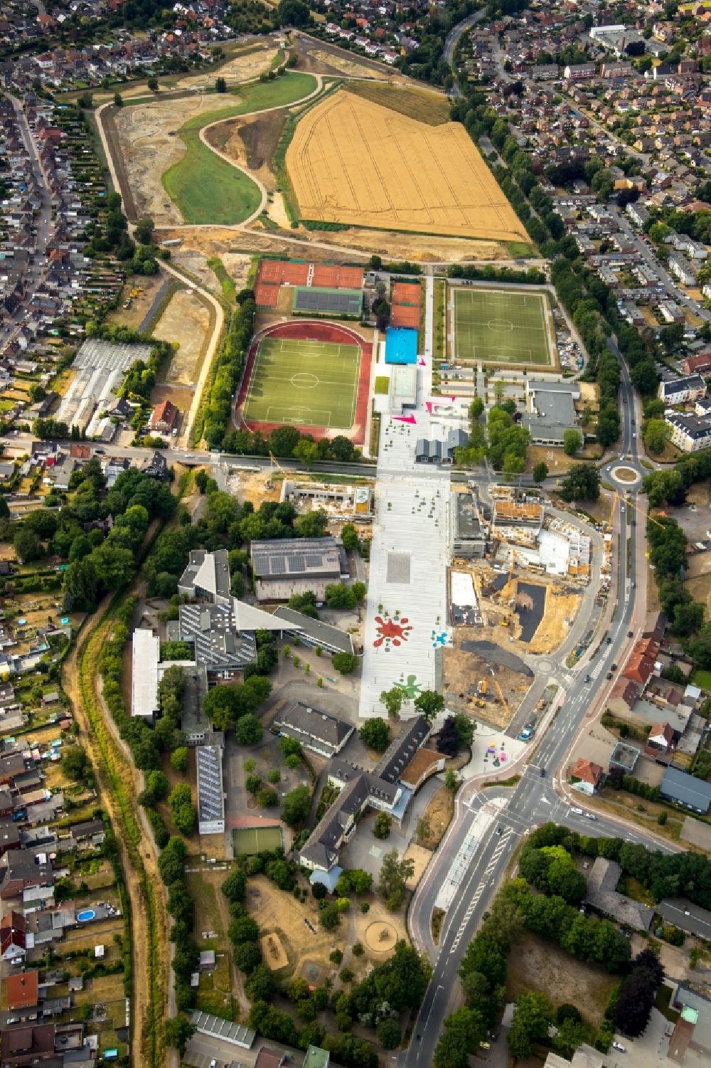 Selm from the bird's eye view: Construction site for the new sports hall in Selm in the state North Rhine-Westphalia, Germany