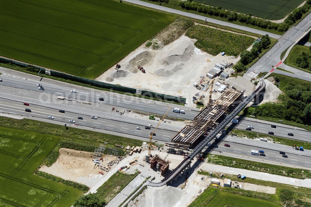Aerial photograph Aschheim - Construction site for the rehabilitation and repair of the motorway bridge construction BAB A99 on street Erdinger Strasse in Aschheim in the state Bavaria, Germany