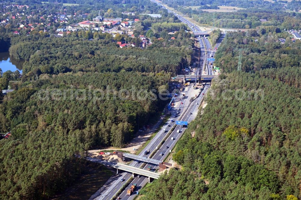 Aerial photograph Birkenwerder - Construction site for the rehabilitation and repair of the motorway bridge construction on BAB A10 in Birkenwerder in the state Brandenburg, Germany