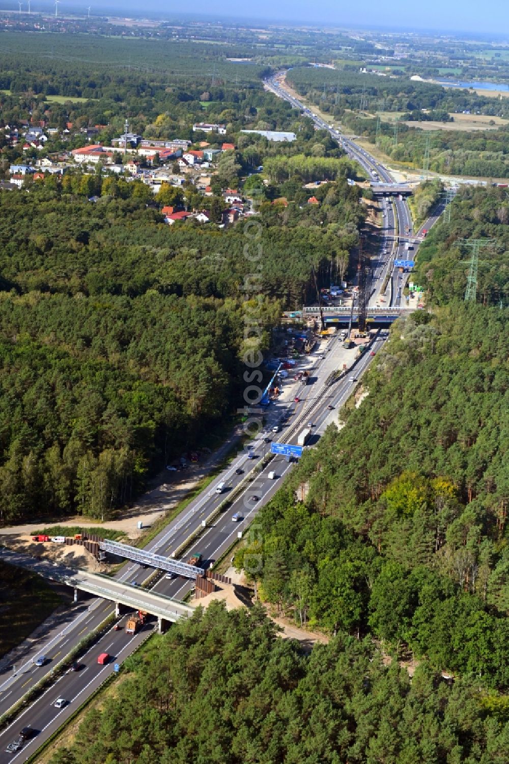 Birkenwerder from above - Construction site for the rehabilitation and repair of the motorway bridge construction on BAB A10 in Birkenwerder in the state Brandenburg, Germany