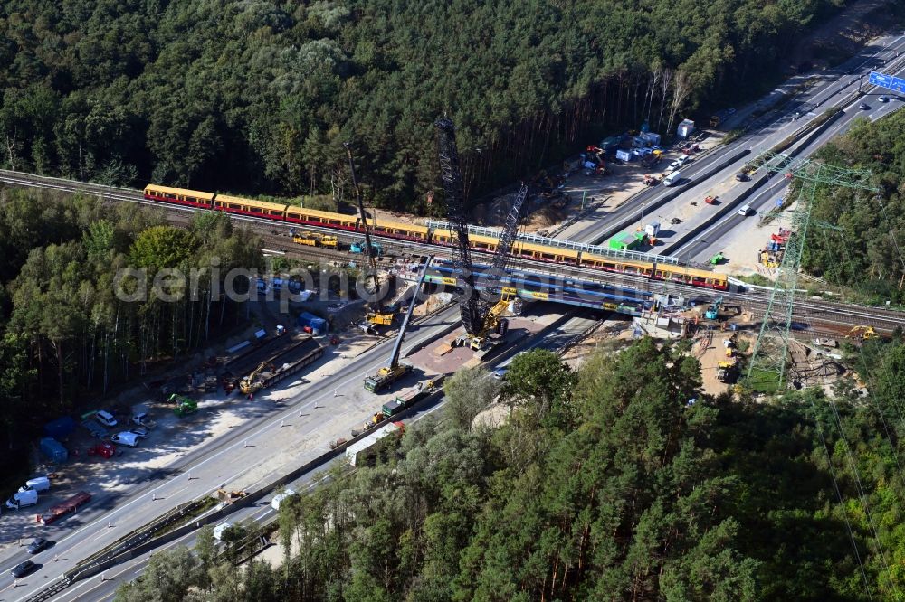 Aerial image Birkenwerder - Construction site for the rehabilitation and repair of the motorway bridge construction on BAB A10 in Birkenwerder in the state Brandenburg, Germany