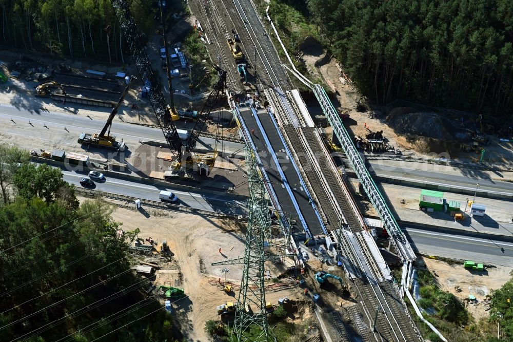 Aerial photograph Birkenwerder - Construction site for the rehabilitation and repair of the motorway bridge construction on BAB A10 in Birkenwerder in the state Brandenburg, Germany