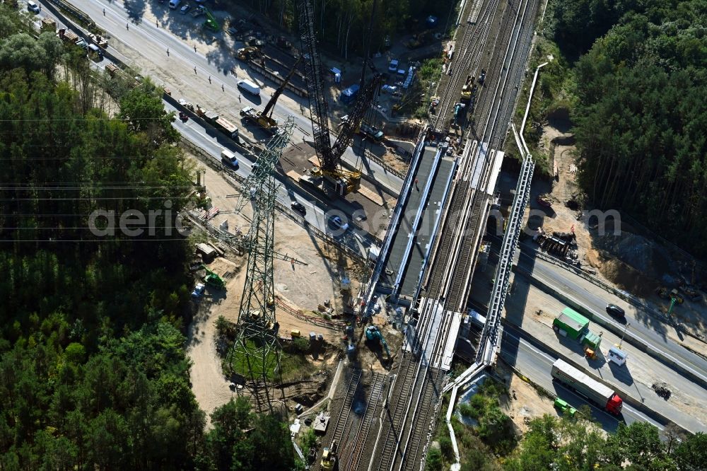 Birkenwerder from above - Construction site for the rehabilitation and repair of the motorway bridge construction on BAB A10 in Birkenwerder in the state Brandenburg, Germany