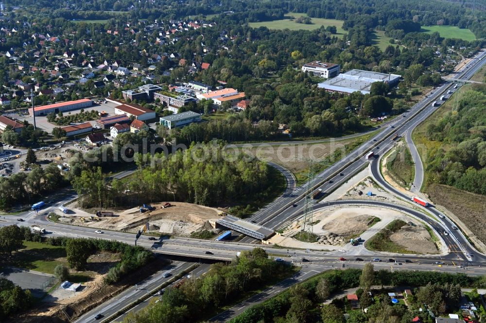 Birkenwerder from the bird's eye view: Construction site for the rehabilitation and repair of the motorway bridge construction of B96 and BAB A10 in the district Borgsdorf in Birkenwerder in the state Brandenburg, Germany