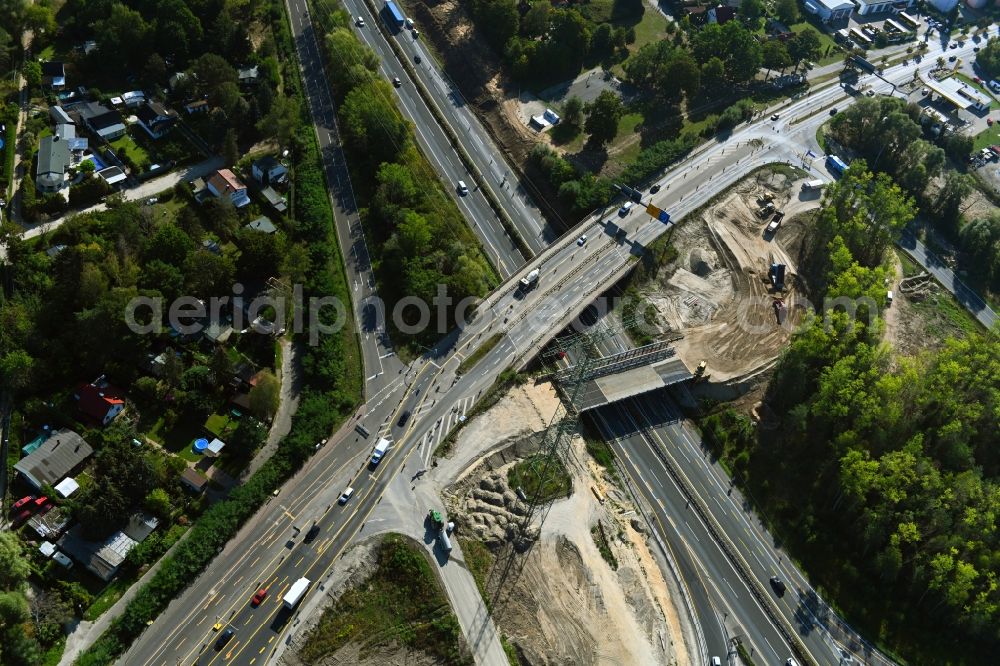 Aerial image Birkenwerder - Construction site for the rehabilitation and repair of the motorway bridge construction of B96 and BAB A10 in the district Borgsdorf in Birkenwerder in the state Brandenburg, Germany