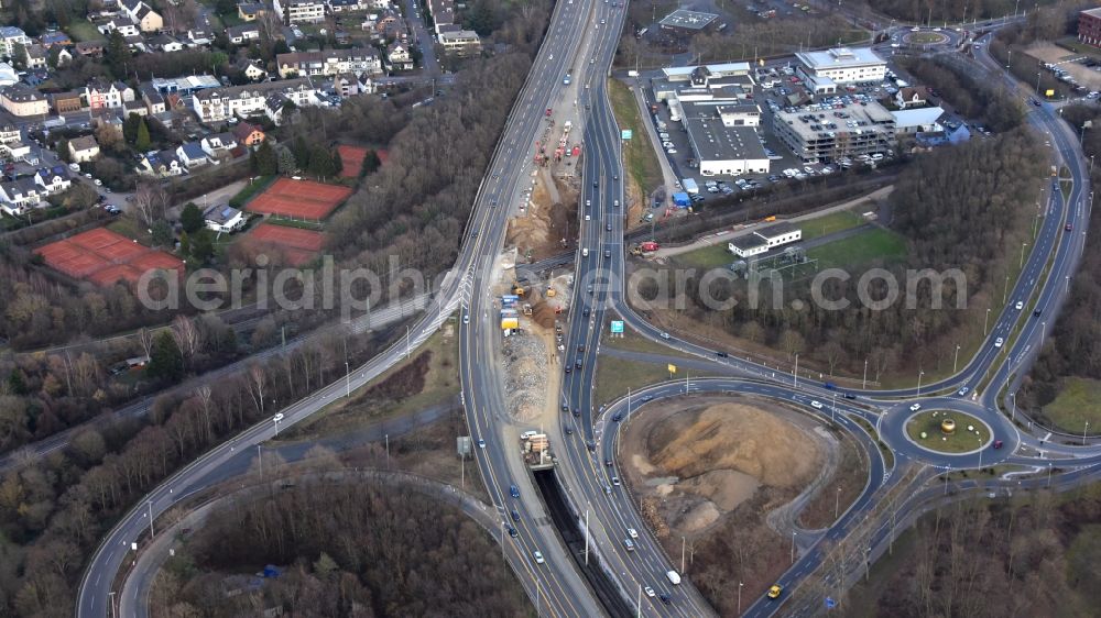 Bonn from the bird's eye view: Construction site for the rehabilitation and repair of the motorway bridge construction of BAB 562 in Ramersdorf in the state North Rhine-Westphalia, Germany