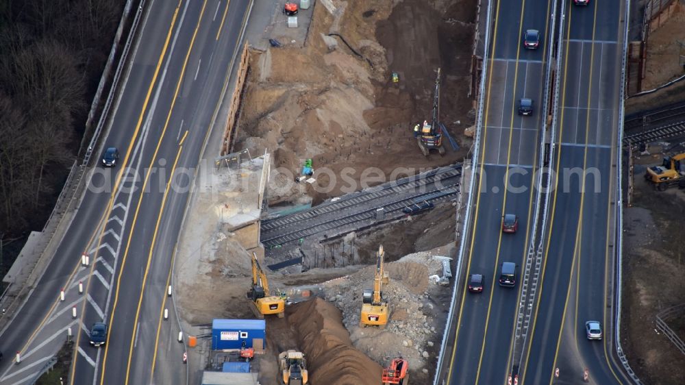 Aerial photograph Bonn - Construction site for the rehabilitation and repair of the motorway bridge construction of BAB 562 in Ramersdorf in the state North Rhine-Westphalia, Germany