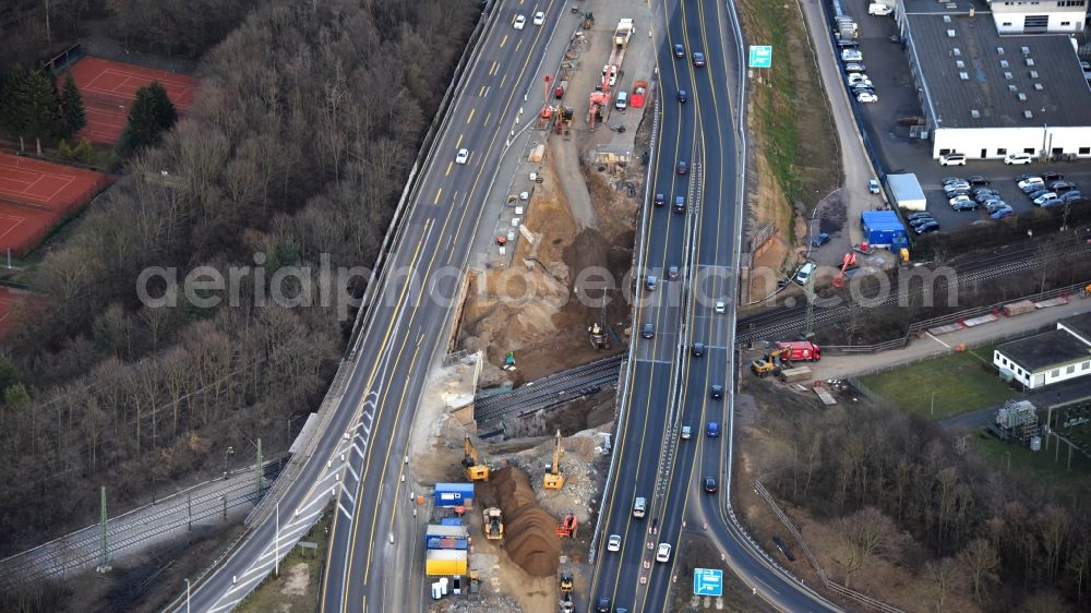 Bonn from above - Construction site for the rehabilitation and repair of the motorway bridge construction of BAB 562 in Ramersdorf in the state North Rhine-Westphalia, Germany