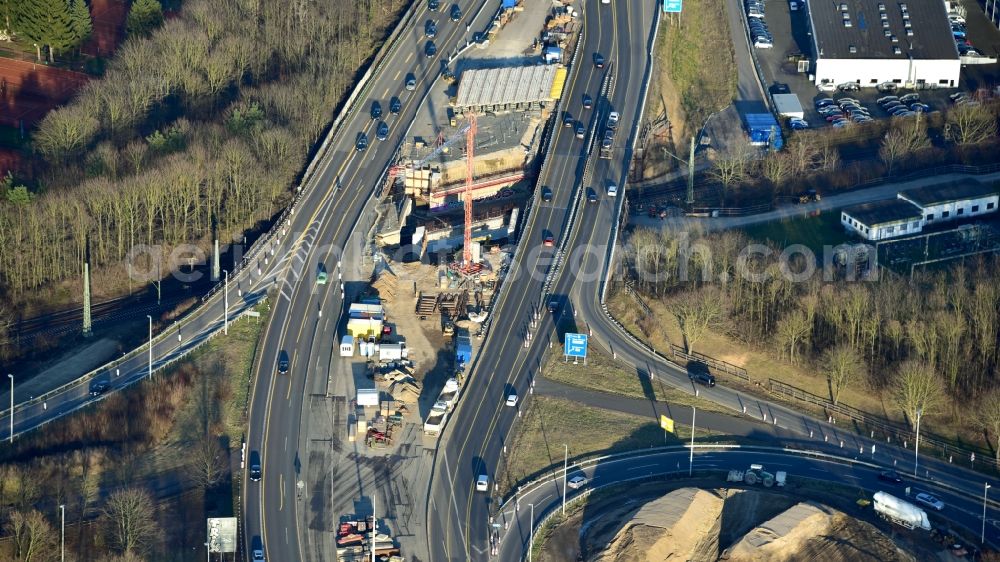 Bonn from above - Construction site for the rehabilitation and repair of the motorway bridge construction of BAB 562 in Ramersdorf in the state North Rhine-Westphalia, Germany