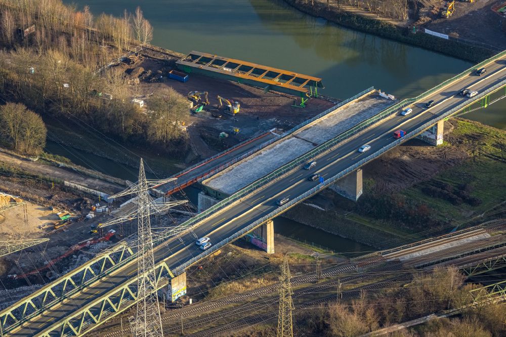 Herne from the bird's eye view: Construction site for the rehabilitation and repair of the motorway bridge construction on street A43 in Herne at Ruhrgebiet in the state North Rhine-Westphalia, Germany