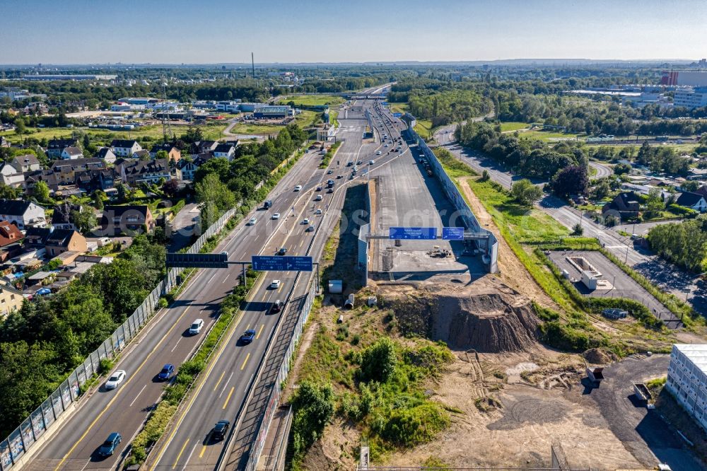 Aerial photograph Leverkusen - Construction site for the rehabilitation and repair of the motorway bridge construction Leverkusener Rheinbruecke in Leverkusen in the state North Rhine-Westphalia, Germany