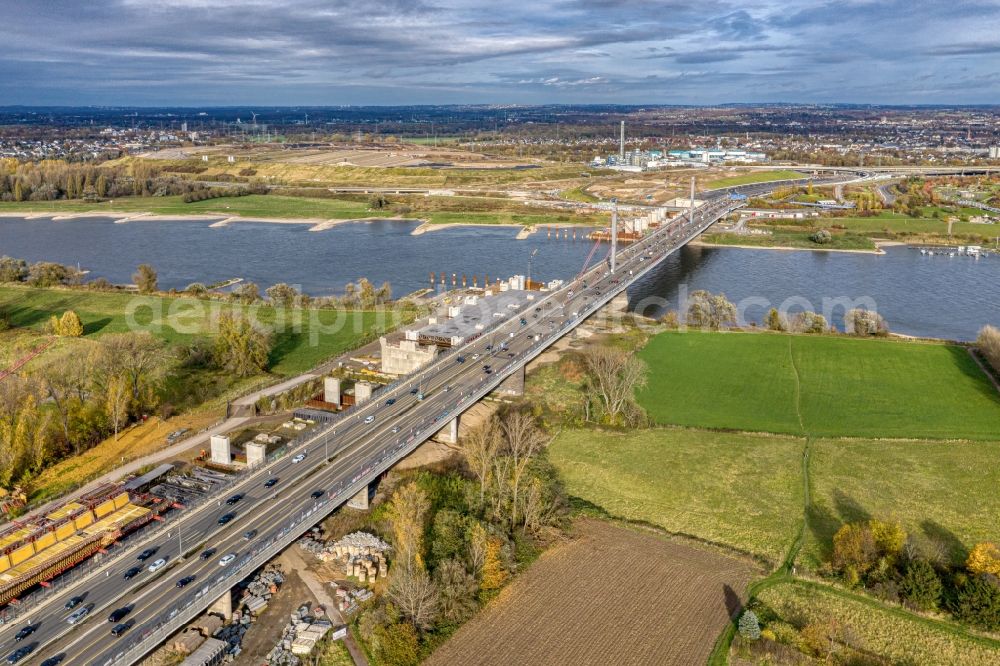 Leverkusen from above - Construction site for the rehabilitation and repair of the motorway bridge construction Leverkusener Rheinbruecke in Leverkusen in the state North Rhine-Westphalia, Germany