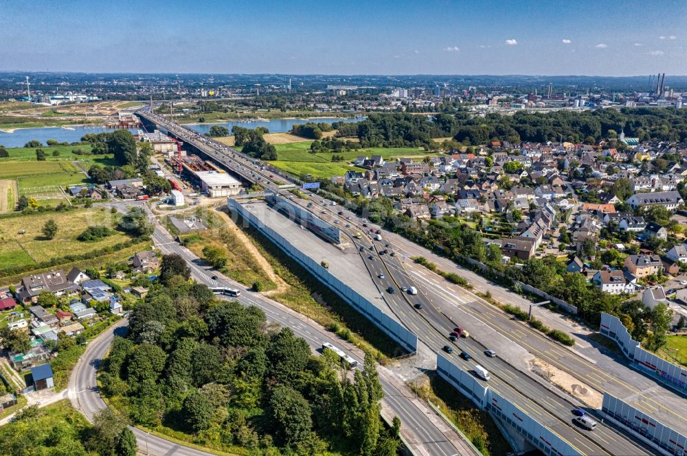 Aerial image Leverkusen - Construction site for the rehabilitation and repair of the motorway bridge construction Leverkusener Rheinbruecke in Leverkusen in the state North Rhine-Westphalia, Germany