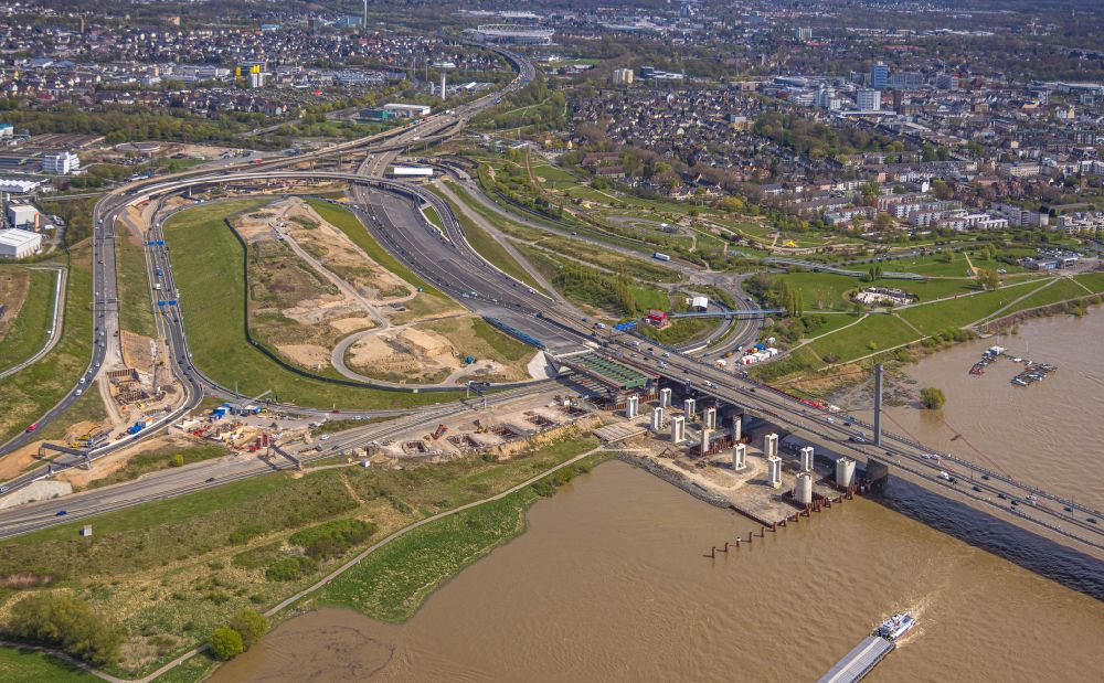 Aerial photograph Leverkusen - Construction site for the rehabilitation and repair of the motorway bridge construction Leverkusener Rheinbruecke in Leverkusen in the state North Rhine-Westphalia, Germany