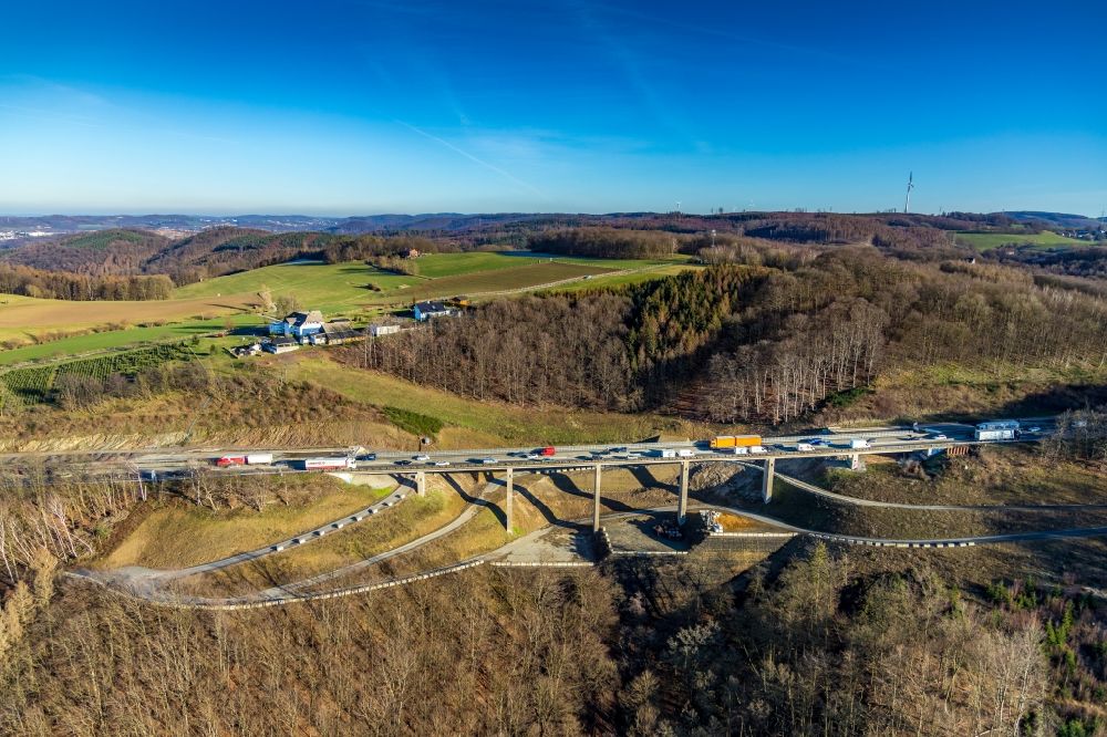 Aerial photograph Hagen - Construction site for the rehabilitation and repair of the motorway bridge construction Talbruecke Brunsbecke of motorway BAB A45 in the district Dahl in Hagen at Ruhrgebiet in the state North Rhine-Westphalia, Germany
