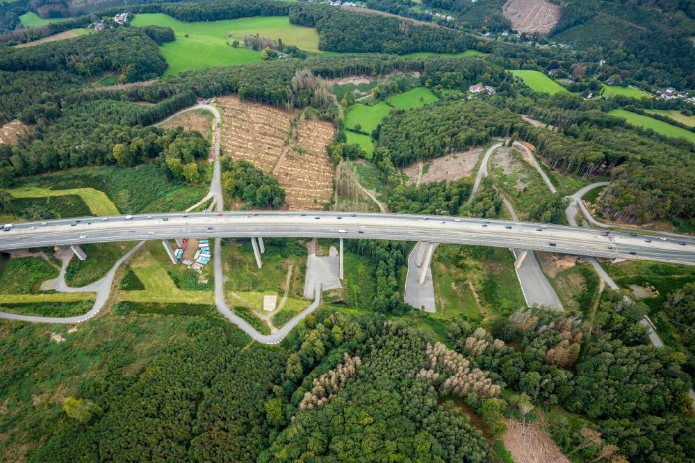 Aerial image Hagen - Construction site for the rehabilitation and repair of the motorway bridge construction Talbruecke Brunsbecke of motorway BAB A45 in the district Dahl in Hagen at Ruhrgebiet in the state North Rhine-Westphalia, Germany